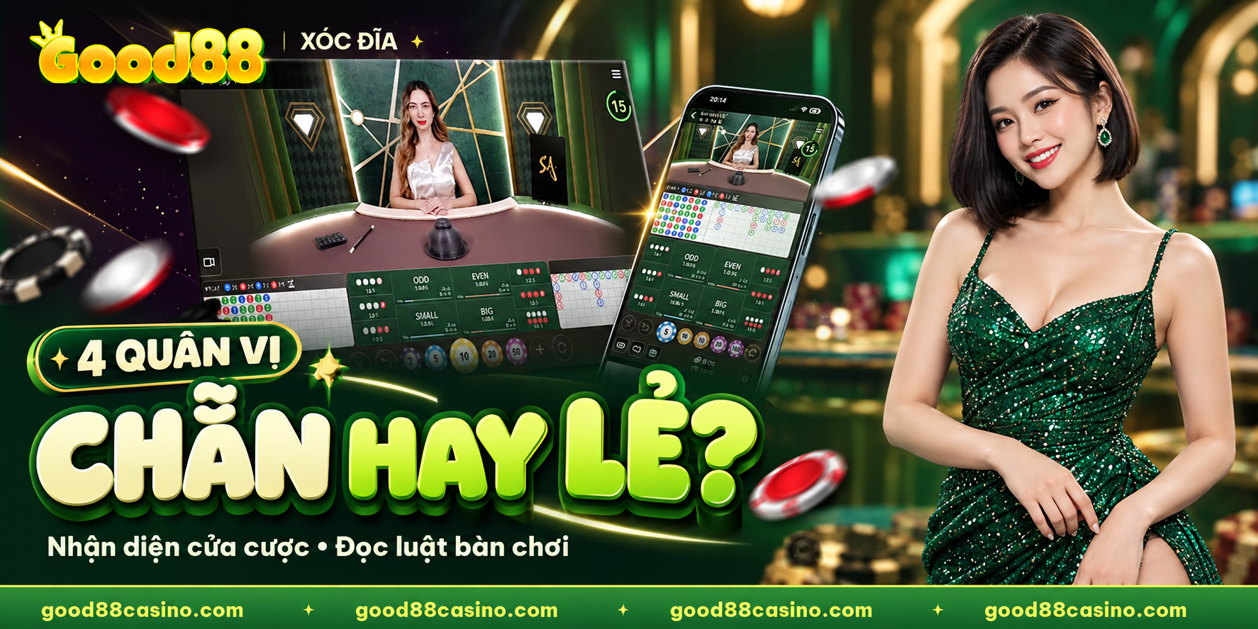 Xóc đĩa GOOD88 – nhận diện cửa chẵn lẻ qua bốn quân vị trên bàn chơi.