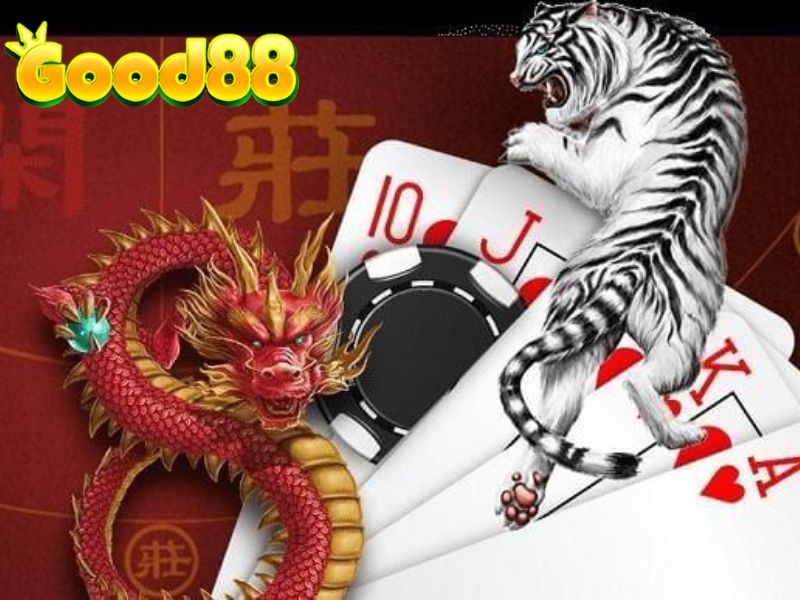 Rồng Hổ GOOD88 với rồng, hổ, các lá bài cơ và chip cược.