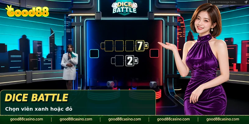 Màn Dice Battle với hai viên xúc xắc và kết quả hệ số trên bảng.
