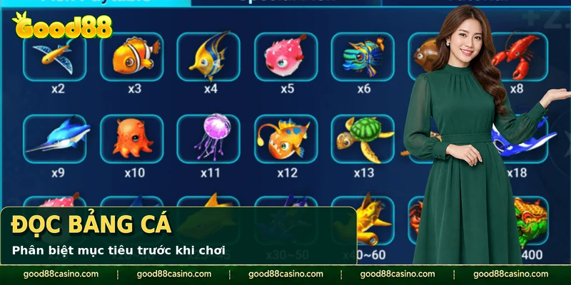 Bảng cá Fishing War hiển thị các sinh vật và hệ số tương ứng.